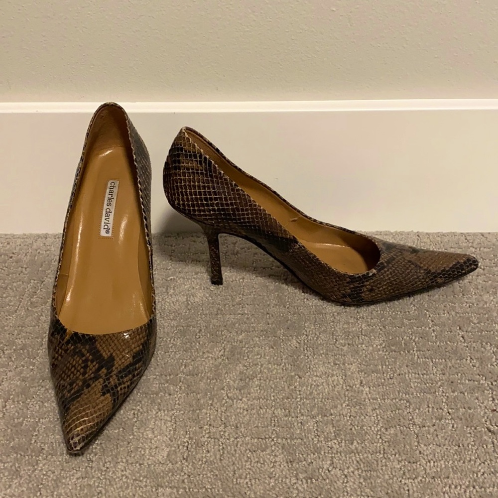 Charles David brown snake skin heels